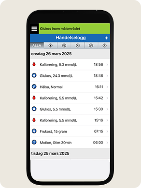 Smartphone-sk&auml;rm visar en glukos&ouml;vervakningsapp med h&auml;ndelseloggposter, inklusive glukosavl&auml;sningar och m&aring;ltidsdetaljer