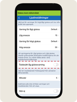 Smartphone-sk&auml;rm som visar "Ljudinst&auml;llningar" med alternativ f&ouml;r glukosvarningar. Omkopplaren &rdquo;&Aring;sidos&auml;tt l&aring;gt glukos&rdquo; &auml;r p&aring;slagen.