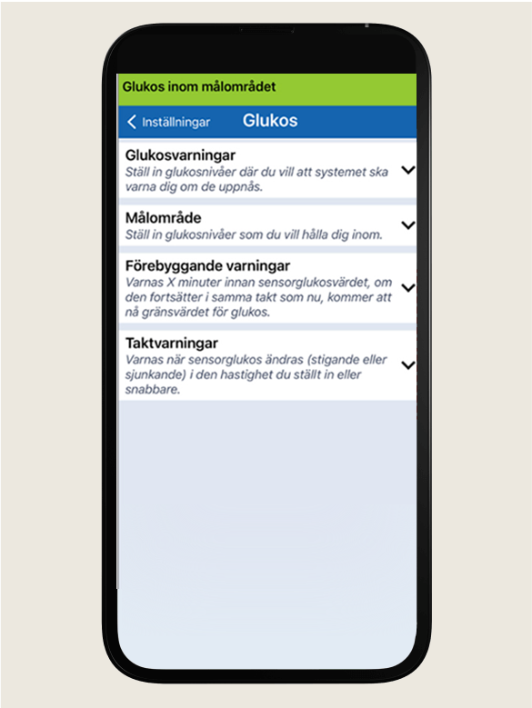 Smartphone-sk&auml;rm som visar inst&auml;llningar f&ouml;r glukos&ouml;vervakning