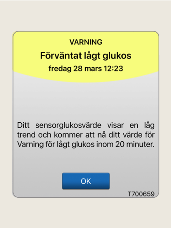 Varningsmeddelande f&ouml;rutsp&aring;r l&aring;g glukosniv&aring; om 20 min. Texten lyder: &rdquo;F&ouml;rv&auml;ntat l&aring;gt glukos&rdquo;
