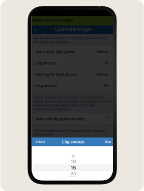 En smartphone visar inst&auml;llningar f&ouml;r glukosljud. Alternativen inkluderar &rdquo;L&aring;gt-snooze&rdquo;