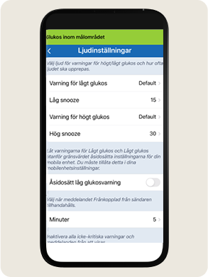 En smartphone-sk&auml;rm som visar inst&auml;llningar f&ouml;r glukosvarningsljud, inklusive snooze-alternativ och omkopplare f&ouml;r &aring;sidos&auml;ttande
