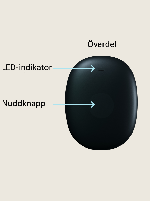 Svart CGM-enhet med en touch-knapp och LED-indikator, m&auml;rkt &rdquo;Uppe&rdquo; i en minimalistisk, ljus bakgrund.
