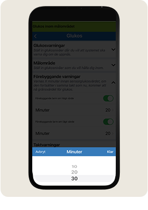 Telefonsk&auml;rmen visar inst&auml;llningar f&ouml;r glukoshantering