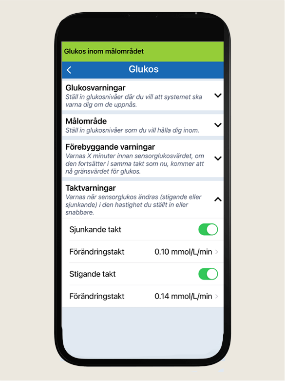 Smartphone-sk&auml;rm visar inst&auml;llningar f&ouml;r glukos&ouml;vervakning