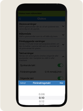 En smartphonesk&auml;rm visar en glukos&ouml;vervakningsapp med alternativ f&ouml;r varningar och justering av f&ouml;r&auml;ndringsgrad: