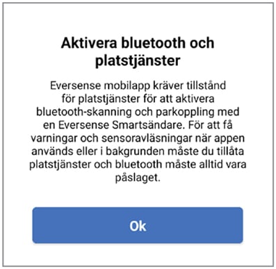 Popup-meddelande som instruerar att aktivera Bluetooth och platstjänster för parkoppling med Eversense-appen