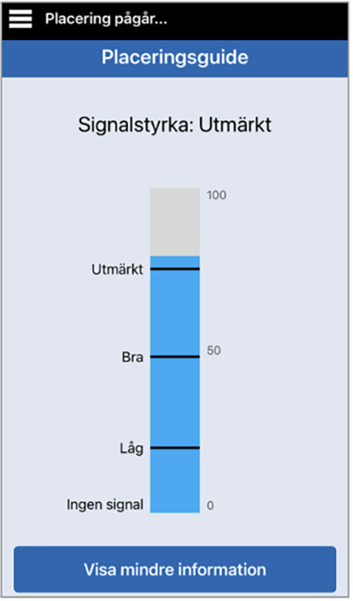 Signalstapeldiagram indikerar ”Utmärkt” styrka vid 100, med nivåer: Utmärkt, Bra, Lågt, Ingen signal.