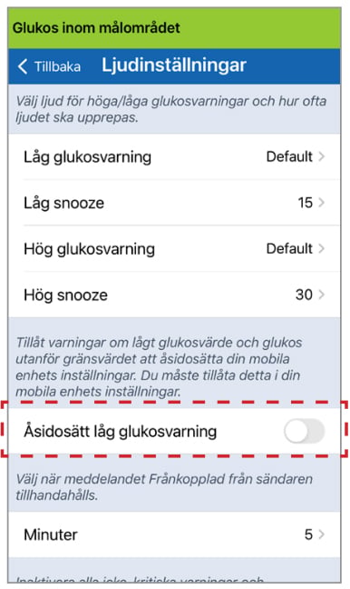Skärmen visar glukosvarningsinställningar, med möjlighet till ”Åsidosättning av Lågt glukos”