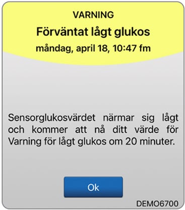 Varningsmeddelandet visar ”Sjunkande takt” med information om sänkningsgraden för glukos och en OK-knapp