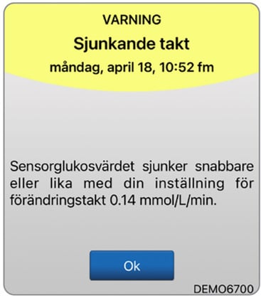 Varningsmeddelandet förutspår lågt glukos kl. 16:47 den 17 juni; åtgärd behövs. Blå knapp märkt ”OK”.