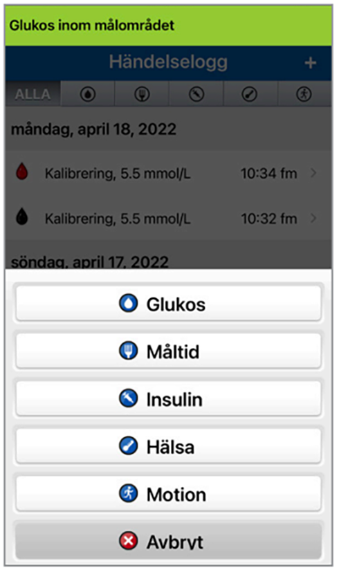 Skärm som visar ett hälsoappgränssnitt för loggning: