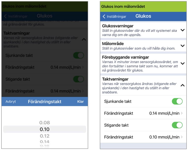 En smartphoneskärm visar en glukosövervakningsapp med alternativ för varningar och justering av förändringsgrad: