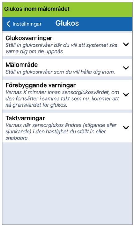 Inställningsskärmen visar glukosvarningsalternativ: Glukosvarningar, Målområde, Prediktiva varningar och Gradvarningar